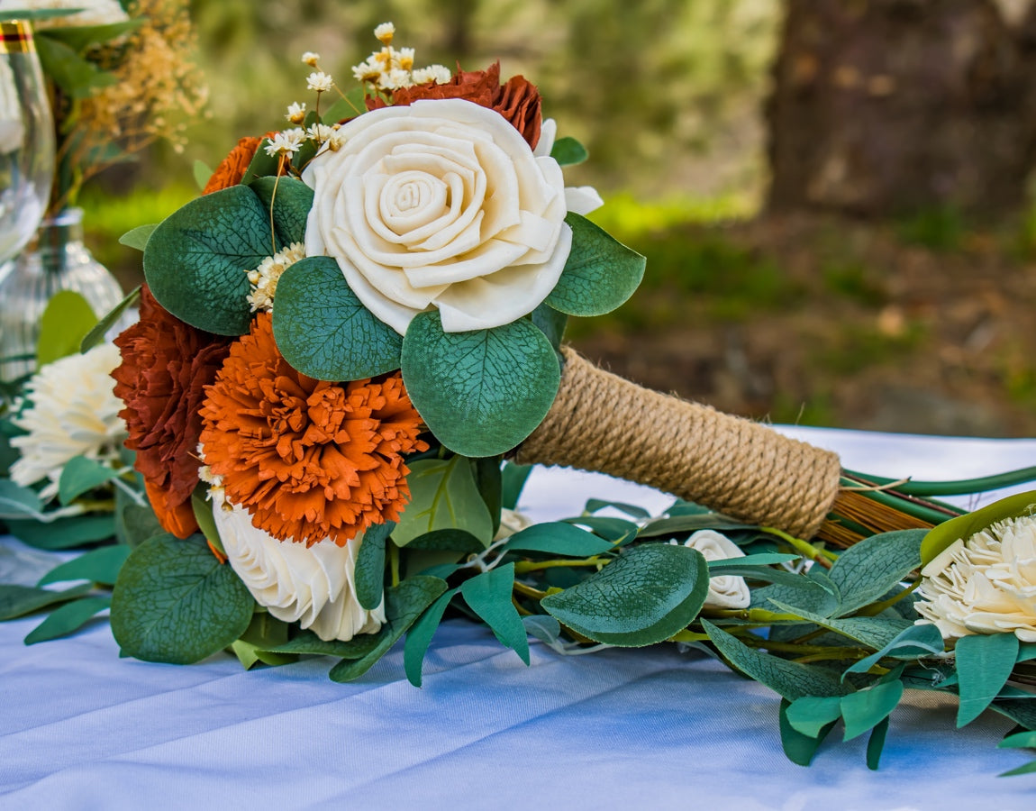 Red black and gold online wedding bouquet, sola wood flowers